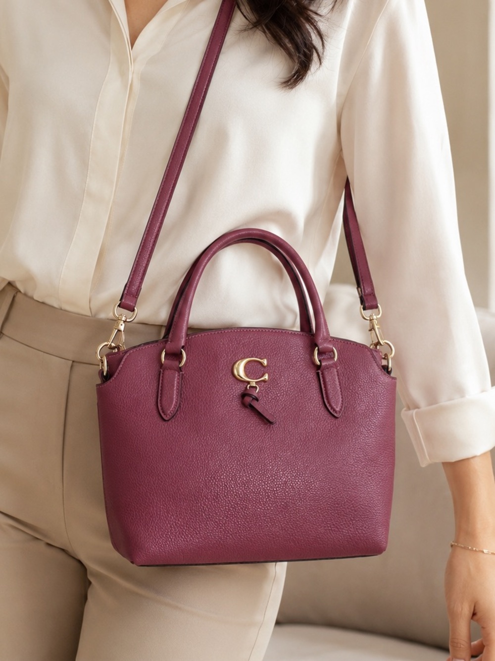 Coach Remy Pink Raspberry Colored Pebbled Leather Satchel Crossbody